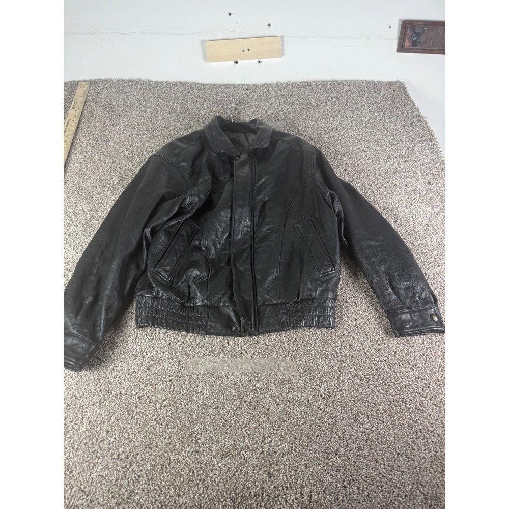 Moores Black Leather Bomber Jacket Womens Medium Vintage Zip Front Elastic Waist